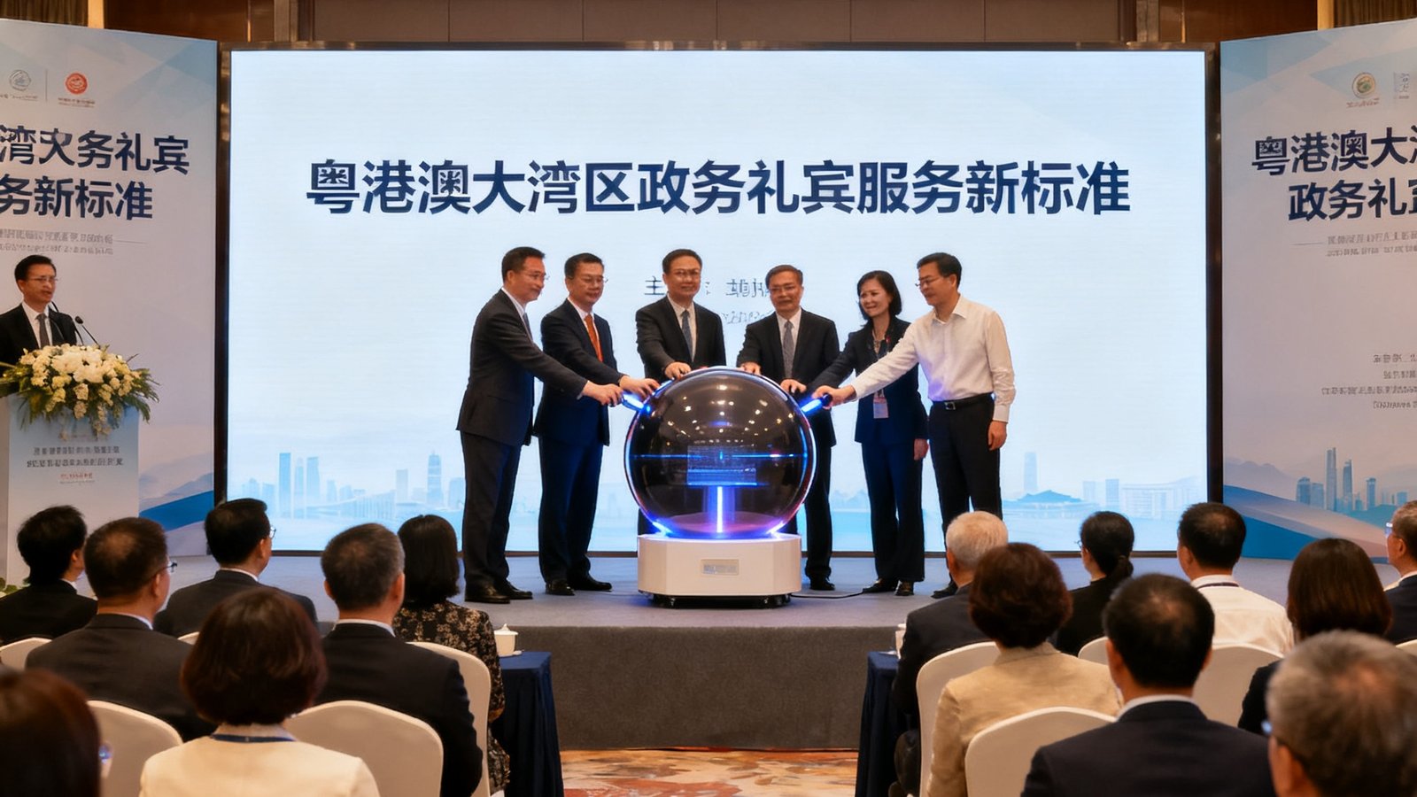 粤港澳大湾区政务礼宾服务新标准发布会的现场照片，主席台上多位嘉宾共同按下启动装置，大屏幕显示标准名称，台下坐满了来自各地的礼宾行业代表。