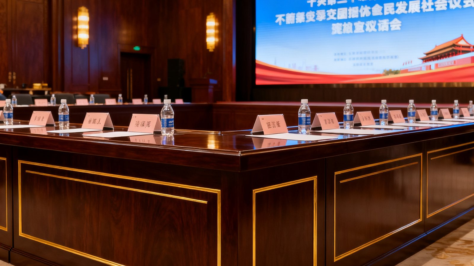 精心布置的政务会议厅全景，深色木质会议桌搭配金色装饰线条，桌面摆放着整齐的桌签和饮用水，背景为大型LED屏幕显示活动主题，整体氛围庄重典雅。