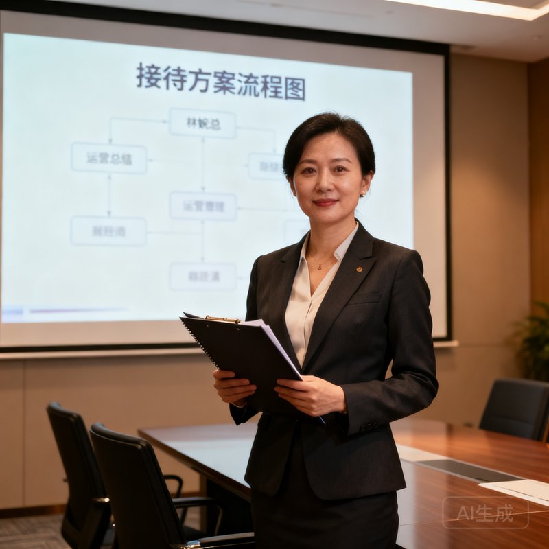 运营总监林婉清女士的职业形象照，她穿着得体职业套装，手持文件夹站在会议室中，身后投影屏幕显示着接待方案流程图，展现高效专业的运营管理能力。