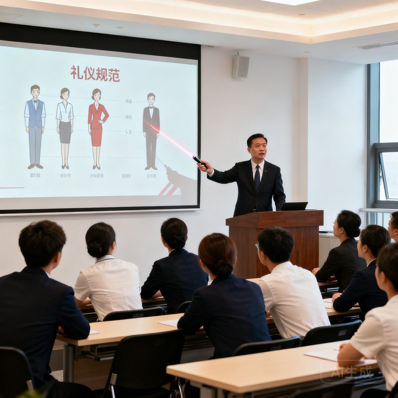 培训中心主任周志远在讲台上授课的场景，他正用激光笔指向大屏幕上的礼仪规范图示，台下坐满了认真听讲的礼宾学员，教室布置整洁明亮。
